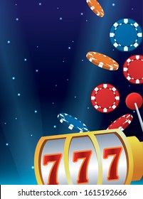 falling chips slot machine betting game gambling casino starry bright background vector illustration