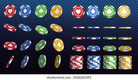 Falling chips and stacks of tokens, playing cards isolated realistic 3D icons set.