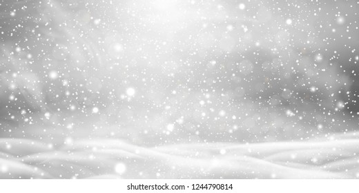Falling Christmas beautiful snow with snowdrifts. Grey shiny poster with winter landscape, wind, blizzard. Snowflakes, snow background. Heavy snowfall vector  