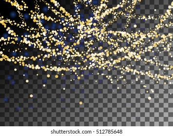 Falling Christmas shining gold glitter particles garland on transparent background. Snow effect for greeting card. Sparkling Star dust sparks. Snowflakes, snowfall, snowflake. Vector illustration