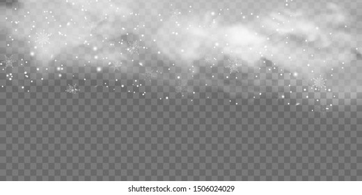 Falling Christmas Shining snow, fog and wind isolated on transparent background. heavy snowfall, snowflakes in different shapes and forms. Winter Holidays Storm with snowflakes flying in the air. 