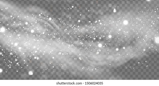 Falling Christmas Shining snow, fog and wind isolated on transparent background. heavy snowfall, snowflakes in different shapes and forms. Winter Holidays Storm with snowflakes flying in the air. 