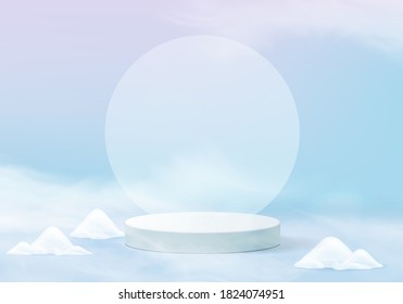 Falling christmas shining snow minimal scene with pedestal 3d winter platform. pedestal winter holidays ice snow background vector 3d rendering with podium. stand to show product. winter is stage 3d