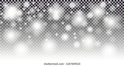 Falling Christmas Shining transparent beautiful, little snow isolated on transparent background. Snow flakes, snow background. Vector heavy snowfall, snowflakes in different shapes and forms.