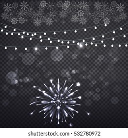 Falling Christmas Shining transparent beautiful snow isolated on transparent background. Christmas lights isolated realistic design elements. Glowing lights for Xmas Holiday greeting card design.