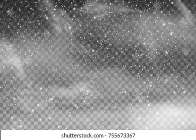 Falling Christmas Shining transparent beautiful snow isolated on the a transparent background. Vector heavy snowfall, snowflakes in different shapes and forms. White snowflakes flying in the air