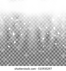 Falling Christmas Shining transparent white snow, snowflake  isolated on transparent background. Fall of snow. Snowflakes, snowfall. Christmas decoration. Vector illustration.