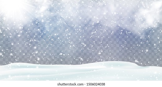 Falling Christmas snow decoration with snowdrifts, snow-covered hills, shiny sun isolated. Grey shiny poster with winter landscape, wind, blizzard. Winter Holidays Storm Background. Heavy snowfall.