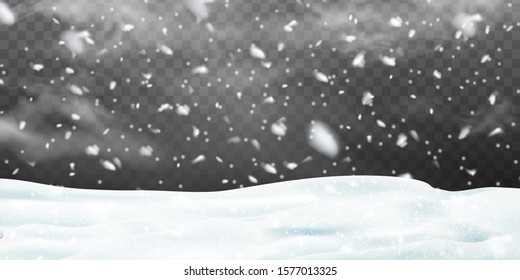 Falling Christmas snow decoration with snowdrifts, snow-covered hills isolated. Grey shiny poster with winter landscape, wind, blizzard. Winter Holidays Storm Background. Heavy snowfall, snowflakes.