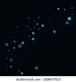 Falling christmas snow on black. Vector New Year snowflake abstract background. Blue gllitter confetti. Snowflakes decoration effect. Winter holiday print. Snowfall texture for poster, banner, card.