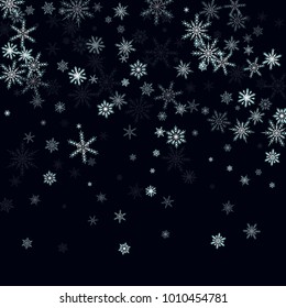 Falling christmas snow on black. Vector New Year snowflake abstract background. White glitter confetti. Snowflakes decoration effect. Winter holiday print. Snowfall texture for poster, banner, card.