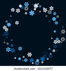 Falling christmas snow on black. Vector New Year snowflake abstract background. Blue glitter confetti. Snowflakes decoration effect. Winter holiday print. Snowfall texture for poster, banner, card.
