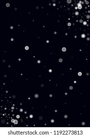 Falling christmas snow on black. Vector New Year snowflake abstract background. White glitter confetti. Snowflakes decoration effect. Winter holiday print. Snowfall texture for poster, banner, card.