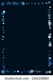 Falling christmas snow on black. Vector New Year snowflake abstract background. Blue glitter confetti. Snowflakes decoration effect. Winter holiday print. Snowfall texture for poster, banner, card.