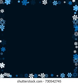 Falling christmas snow on black. Vector New Year snowflake abstract background. Blue snowfalling. Snowflakes decoration effect. Winter holiday print. Snowfall texture for poster, banner, card.