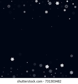 Falling christmas snow on black. Vector New Year snowflake abstract background. Blue gllitter confetti. Winter holiday print. Snowfall texture for poster, banner, card.