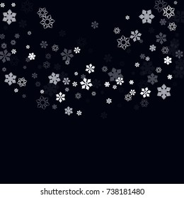Falling christmas snow on black. Vector New Year snowflake abstract background. White snowfalls. Snowflakes decoration effect. Winter holiday print. Snowfall texture for poster, banner, card.