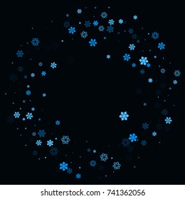 Falling christmas snow on black. Vector New Year snowflake abstract background. Blue snowfalls. Snowflakes decoration effect. Winter holiday print. Snowfall texture for poster, banner, card.