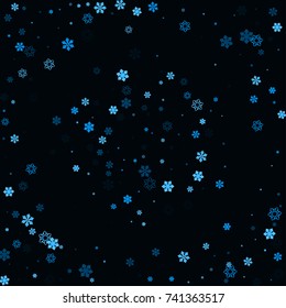 Falling christmas snow on black. Vector New Year snowflake abstract background. Blue snowfalls. Snowflakes decoration effect. Winter holiday print. Snowfall texture for poster, banner, card.