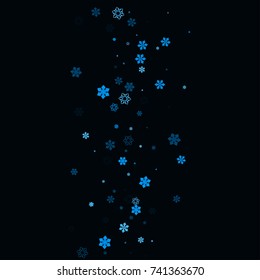 Falling christmas snow on black. Vector New Year snowflake abstract background. Blue snowfalls. Snowflakes decoration effect. Winter holiday print. Snowfall texture for poster, banner, card.