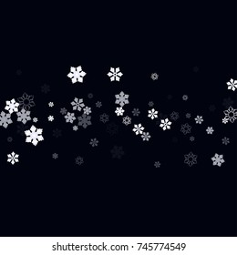 Falling christmas snow on black. Vector New Year snowflake abstract background. White snowfalls. Snowflakes decoration effect. 