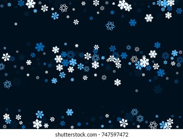 Falling christmas snow on black. Vector New Year snowflake abstract background. Blue glitter confetti. 