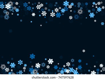 Falling christmas snow on black. Vector New Year snowflake abstract background. Blue glitter confetti.