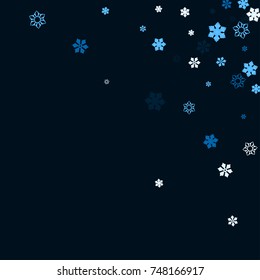 Falling christmas snow on black. Vector New Year snowflake abstract background. Blue glitter confetti. Snowflakes decoration effect. Winter holiday print. Snowfall texture for poster, banner, card.