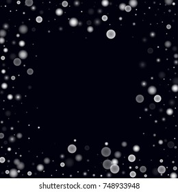 Falling christmas snow on black. Vector New Year snowflake abstract background. White glitter confetti. Snowflakes decoration effect. Winter holiday print. Snowfall texture for poster, banner, card.