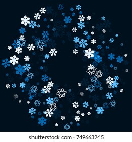 Falling christmas snow on black. Vector New Year snowflake abstract background. Blue glitter confetti. Snowflakes decoration effect. Winter holiday print. Snowfall texture for poster, banner, card.