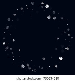 Falling christmas snow on black. Vector New Year snowflake abstract background. White glitter confetti. Snowflakes decoration effect. Winter holiday print. Snowfall texture for poster, banner, card.