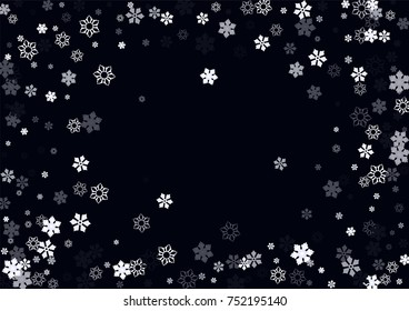 Falling christmas snow on black. Vector New Year snowflake abstract background. White glitter confetti. Snowflakes decoration effect. Winter holiday print. Snowfall texture for poster, banner, card.
