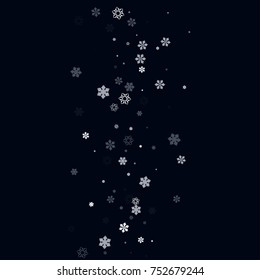 Falling christmas snow on black. Vector New Year snowflake abstract background. White glitter confetti. Snowflakes decoration effect. Winter holiday print. Snowfall texture for poster, banner, card.