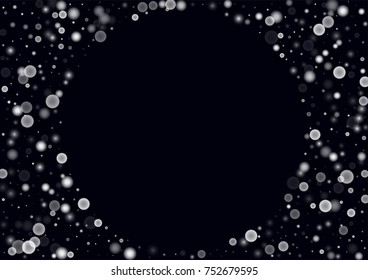 Falling christmas snow on black. Vector New Year snowflake abstract background. White glitter confetti. Snowflakes decoration effect. Winter holiday print. Snowfall texture for poster, banner, card.