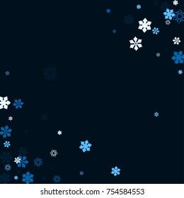 Falling christmas snow on black. Vector New Year snowflake abstract background. Blue glitter confetti. Snowflakes decoration effect. Winter holiday print. Snowfall texture for poster, banner, card.