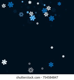 Falling christmas snow on black. Vector New Year snowflake abstract background. Blue glitter confetti. Snowflakes decoration effect. Winter holiday print. Snowfall texture for poster, banner, card.