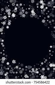 Falling christmas snow on black. Vector New Year snowflake abstract background. White glitter confetti. Snowflakes decoration effect. Winter holiday print. Snowfall texture for poster, banner, card.