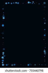 Falling christmas snow on black. Vector New Year snowflake abstract background. Blue gllitter confetti. Snowflakes decoration effect. Winter holiday print. Snowfall texture for poster, banner, card.