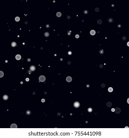 Falling christmas snow on black. Vector New Year snowflake abstract background. White glitter confetti. Snowflakes decoration effect. Winter holiday print. Snowfall texture for poster, banner, card.