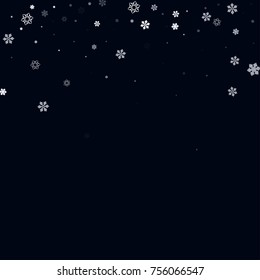Falling christmas snow on black. Vector New Year snowflake abstract background. White glitter confetti. Snowflakes decoration effect. Winter holiday print. Snowfall texture for poster, banner, card.