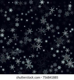 Falling christmas snow on black. Vector New Year snowflake abstract background. White glitter confetti. Snowflakes decoration effect. Winter holiday print. Snowfall texture for poster, banner, card.
