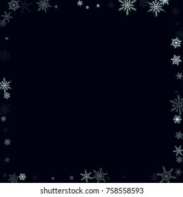 Falling christmas snow on black. Vector New Year snowflake abstract background. White glitter confetti. Snowflakes decoration effect. Winter holiday print. Snowfall texture for poster, banner, card.