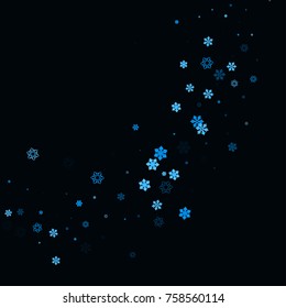 Falling christmas snow on black. Vector New Year snowflake abstract background. Blue gllitter confetti. Snowflakes decoration effect. Winter holiday print. Snowfall texture for poster, banner, card.