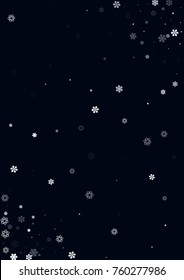 Falling christmas snow on black. Vector New Year snowflake abstract background. White glitter confetti. Snowflakes decoration effect. Winter holiday print. Snowfall texture for poster, banner, card.
