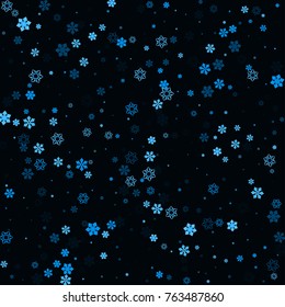 Falling christmas snow on black. Vector New Year snowflake abstract background. Blue gllitter confetti. Snowflakes decoration effect. Winter holiday print. Snowfall texture for poster, banner, card.