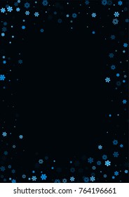 Falling christmas snow on black. Vector New Year snowflake abstract background. Blue gllitter confetti. Snowflakes decoration effect. Winter holiday print. Snowfall texture for poster, banner, card.
