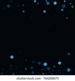 Falling christmas snow on black. Vector New Year snowflake abstract background. Blue gllitter confetti. Snowflakes decoration effect. Winter holiday print. Snowfall texture for poster, banner, card.