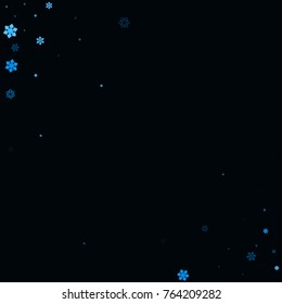 Falling christmas snow on black. Vector New Year snowflake abstract background. Blue gllitter confetti. Snowflakes decoration effect. Winter holiday print. Snowfall texture for poster, banner, card.