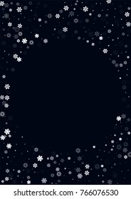 Falling christmas snow on black. Vector New Year snowflake abstract background. White glitter confetti. Snowflakes decoration effect. Winter holiday print. Snowfall texture for poster, banner, card.