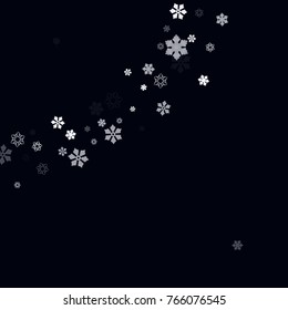 Falling christmas snow on black. Vector New Year snowflake abstract background. White glitter confetti. Snowflakes decoration effect. Winter holiday print. Snowfall texture for poster, banner, card.